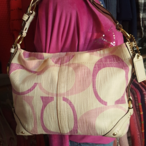 COACH Carly ♡ Gold Canvas|Leather Pinks|Cream Tonal "C" Medium Hobo Shoulder Bag - Picture 3 of 16